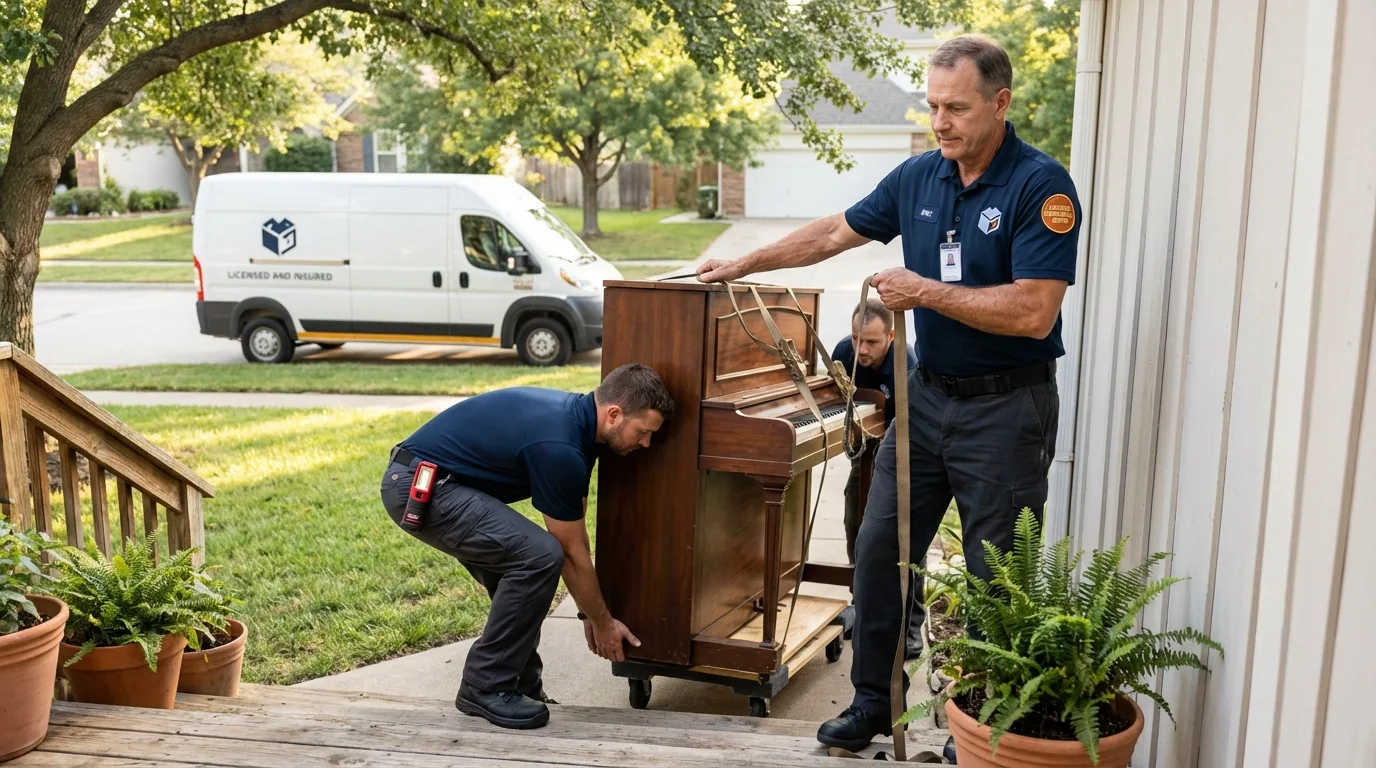 Licensed piano movers securing grand piano in Richfield, UT