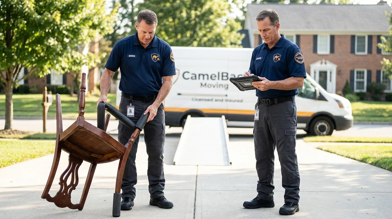 Movers inspecting furniture for damage prevention before loading in Richfield, UT