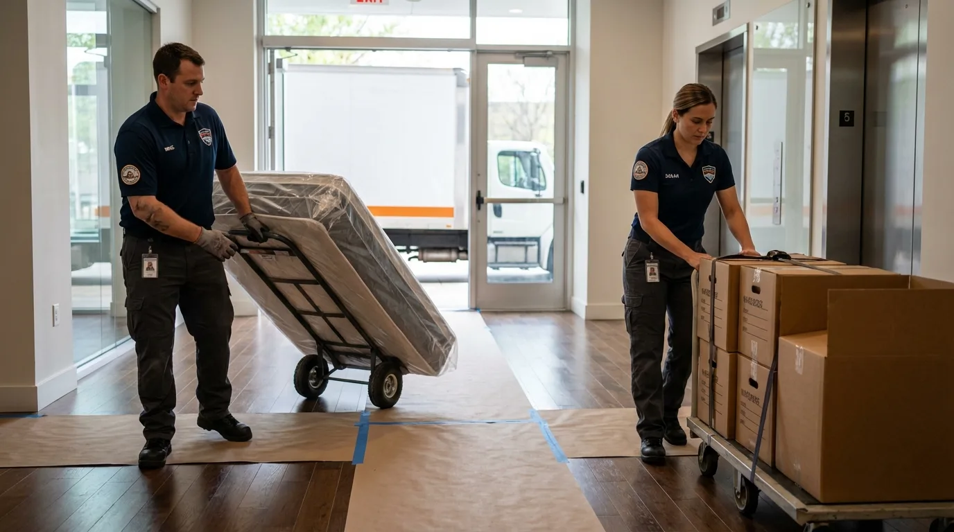 Professional apartment movers loading elevator in Richfield, UT